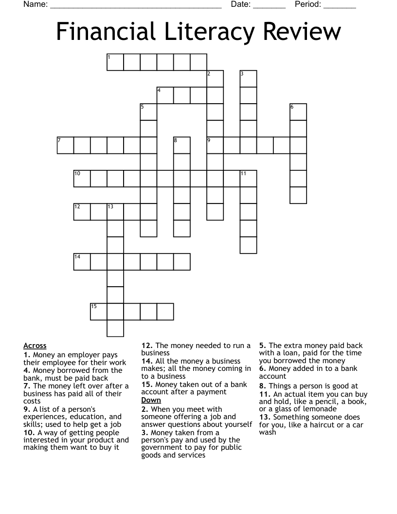 Financial Literacy Review Crossword WordMint