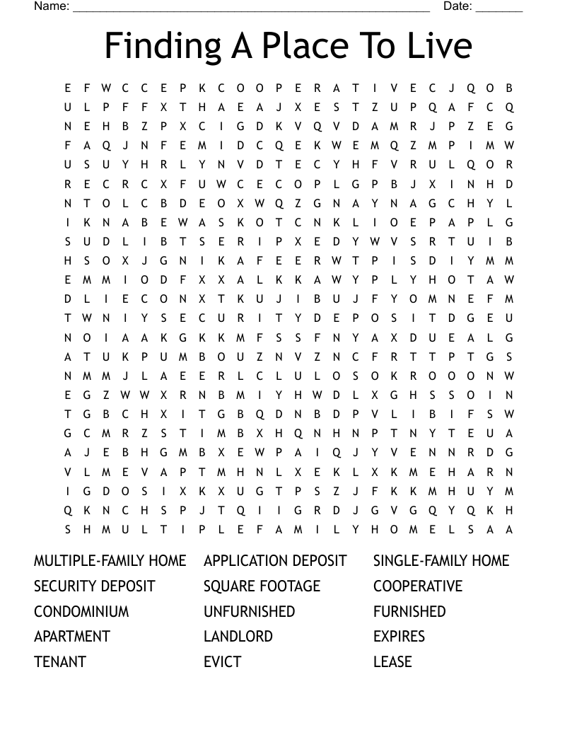 Finding A Place To Live Word Search WordMint