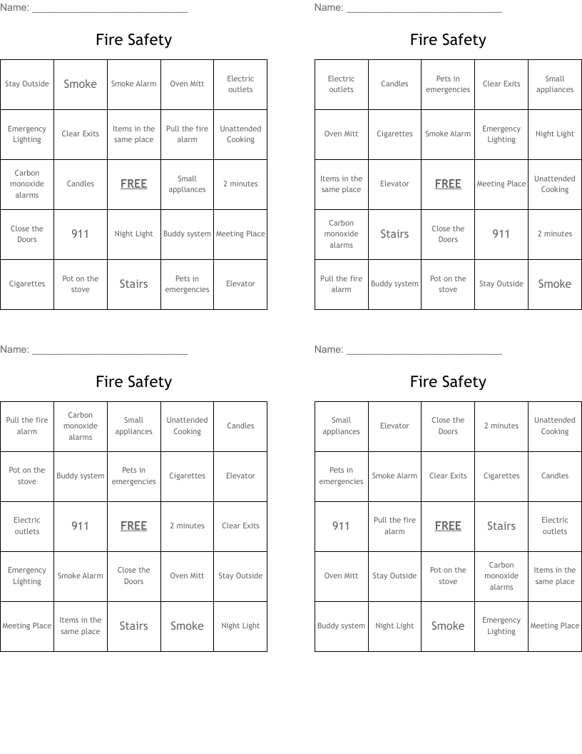 Fire Safety Bingo Cards WordMint