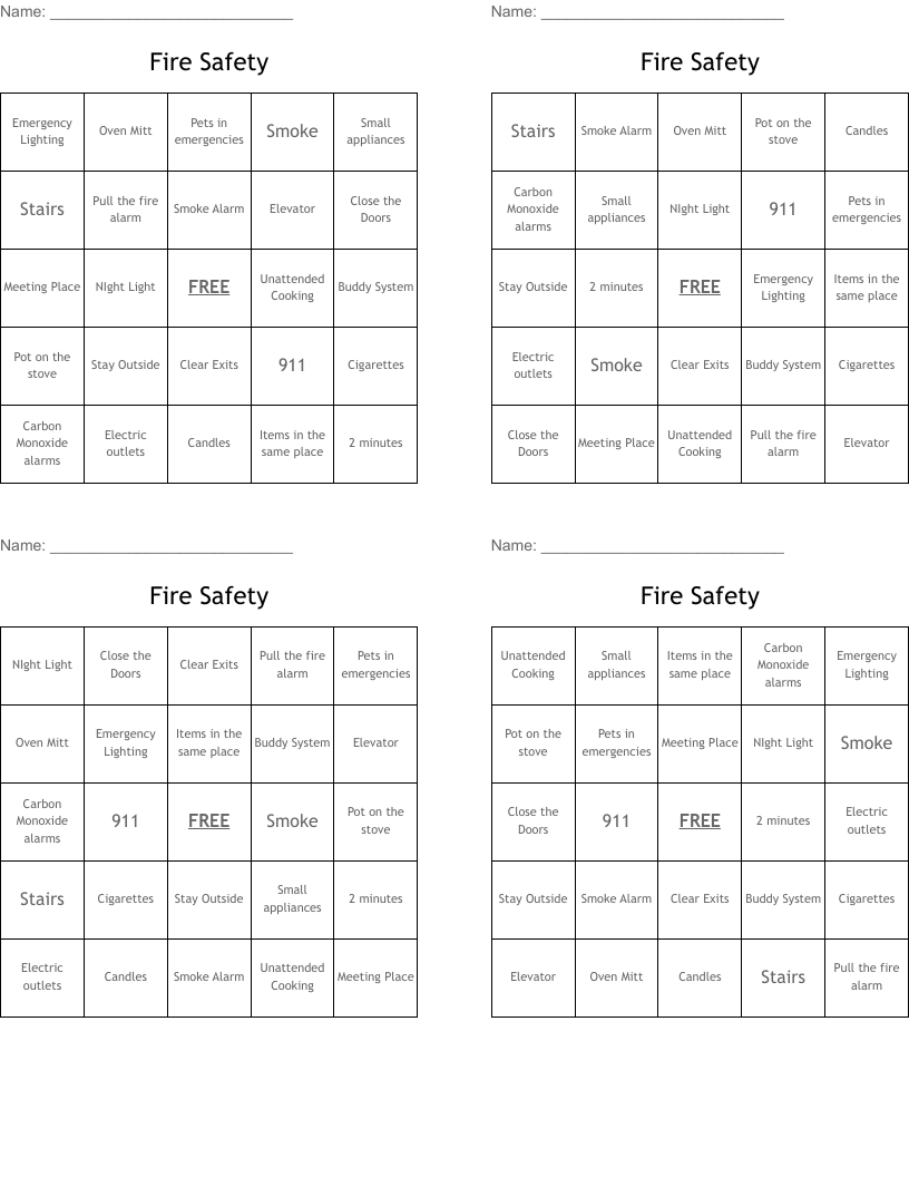 Fire Safety Bingo Cards WordMint