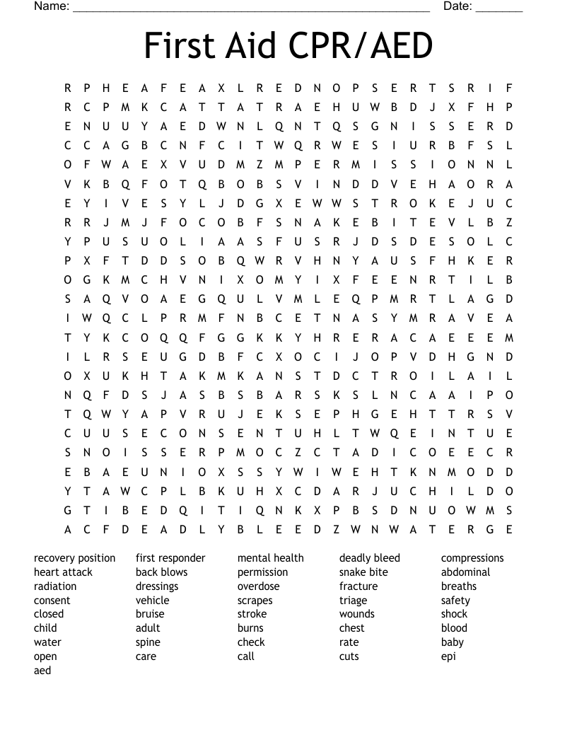 First Aid CPR/AED Word Search WordMint