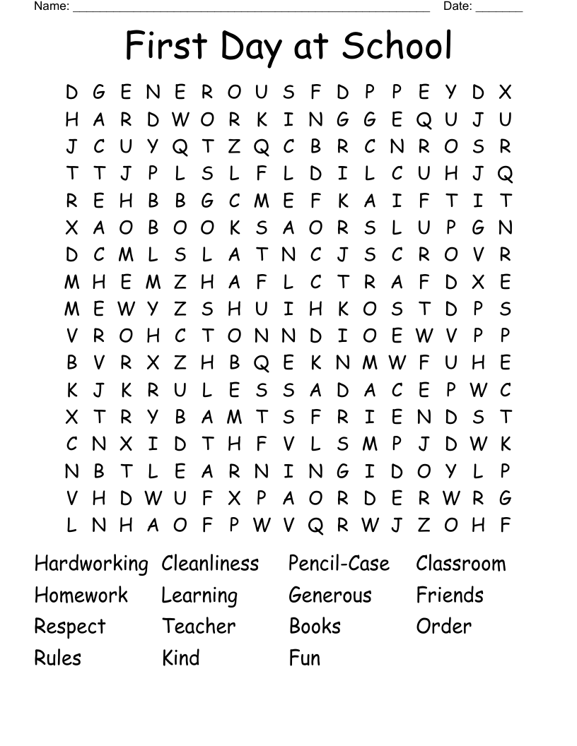 First Day at School Word Search WordMint