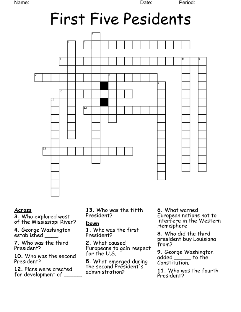 First Five Pesidents Crossword WordMint