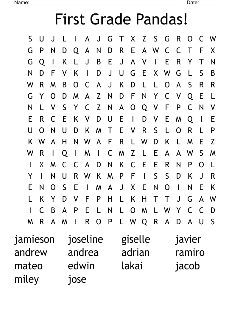 First Grade Pandas! Word Search WordMint