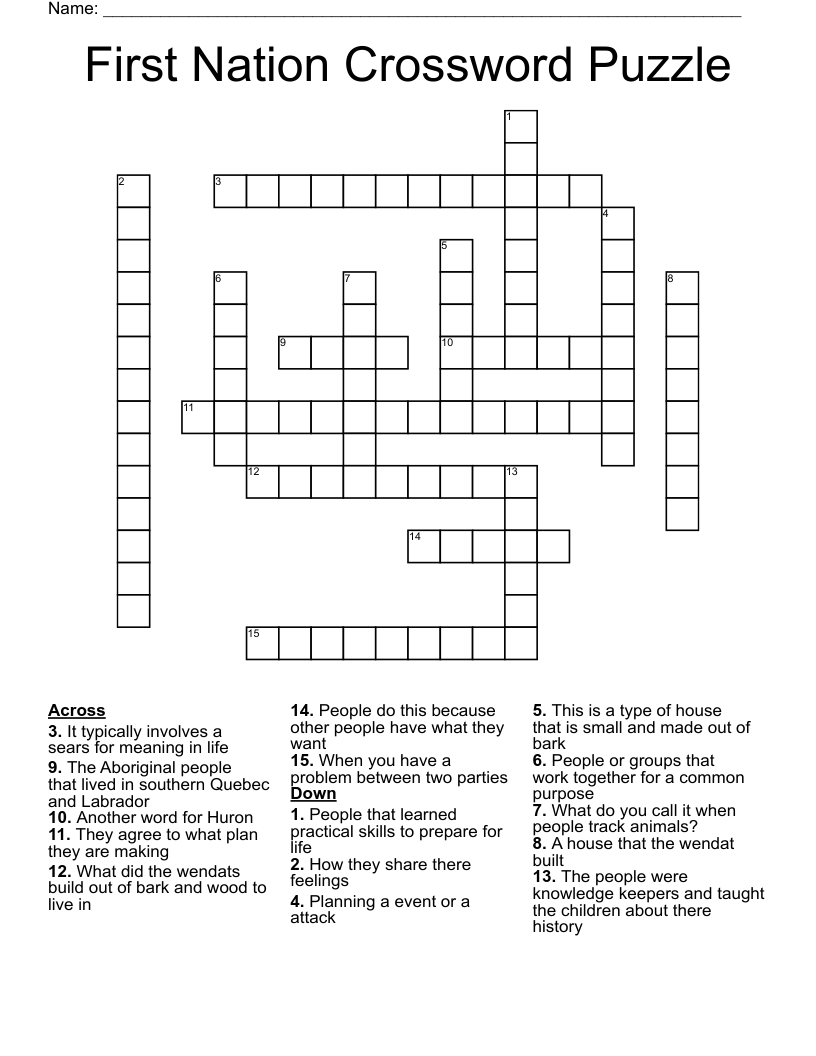 First Nation Crossword Puzzle WordMint