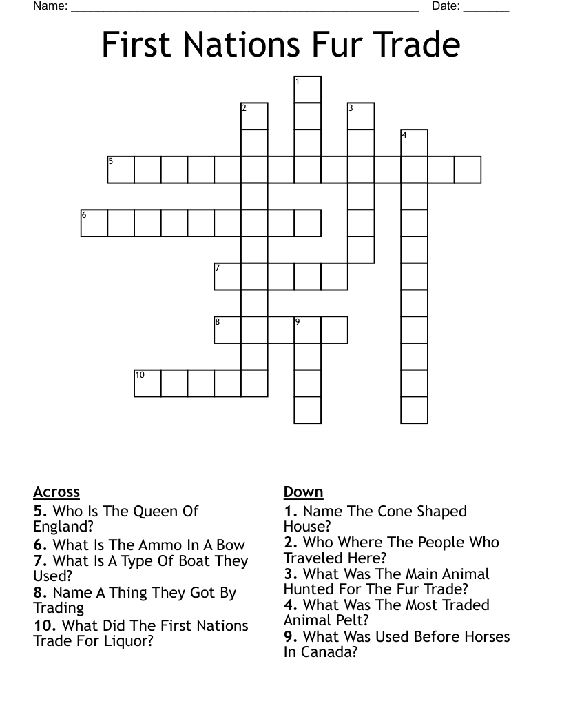 First Nations Fur Trade Crossword WordMint