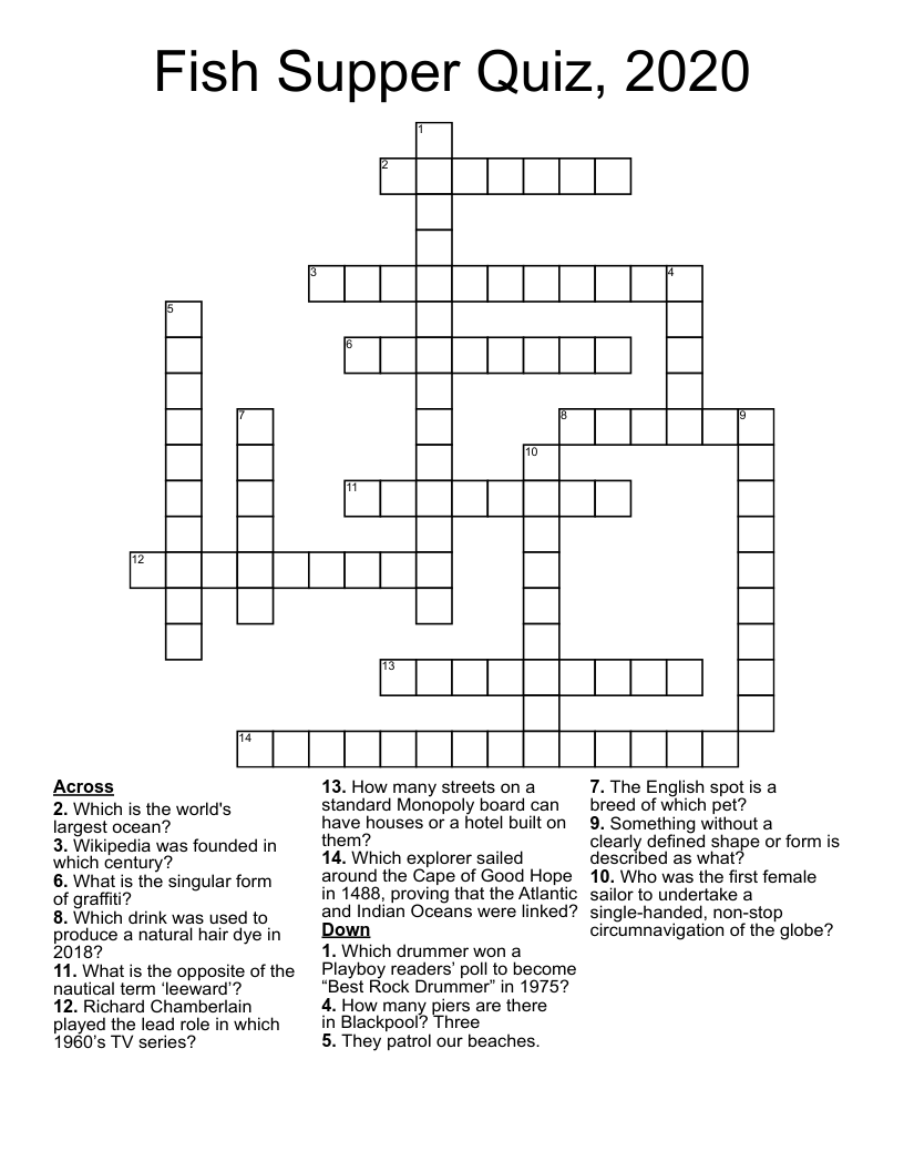 Fish Supper Quiz, 2020 Crossword WordMint