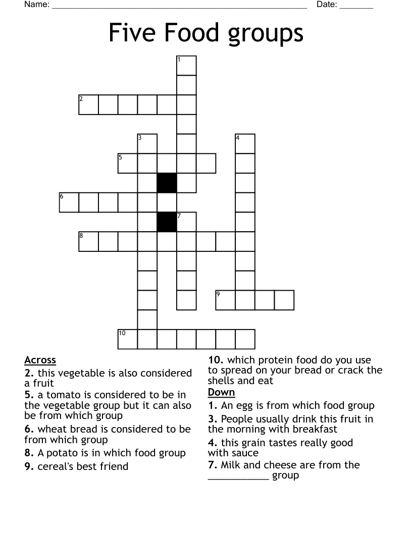 Five Food groups Crossword WordMint