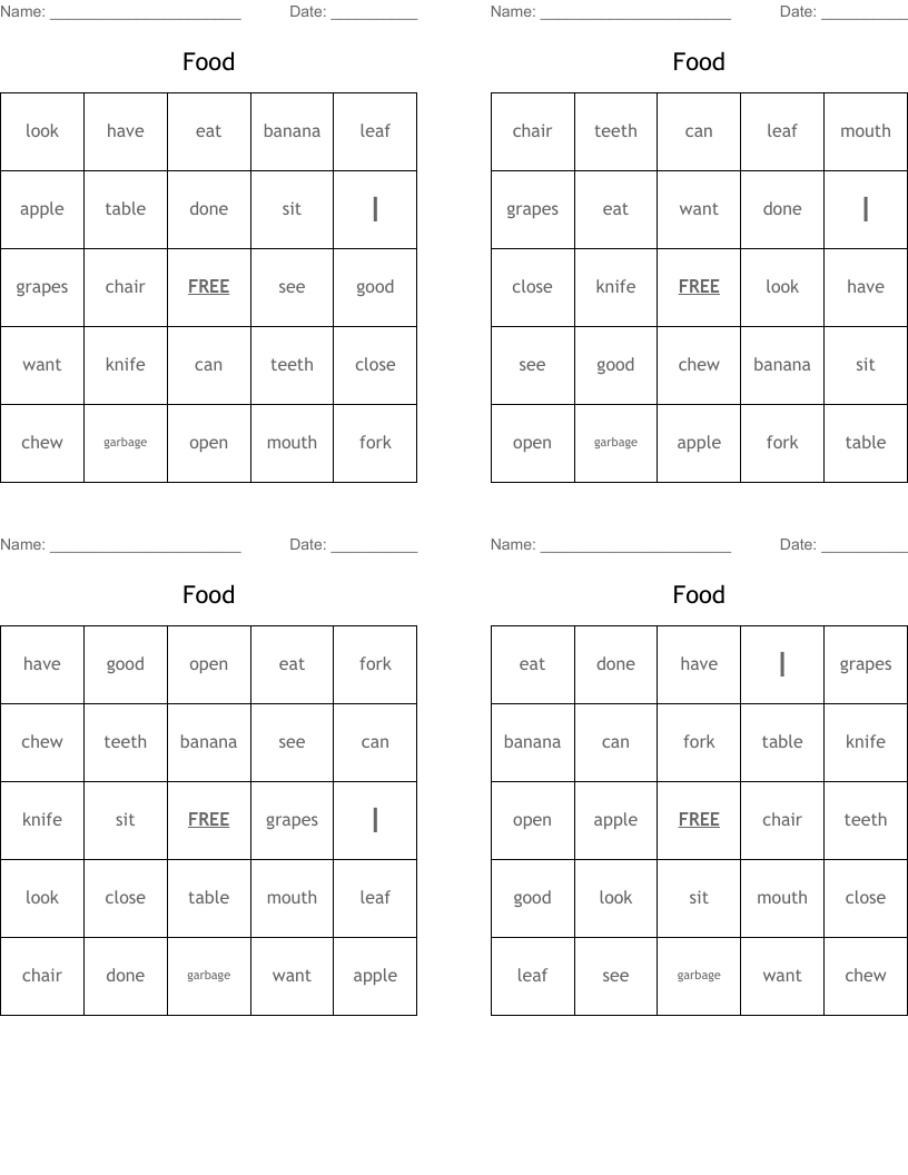 Food Bingo Cards WordMint