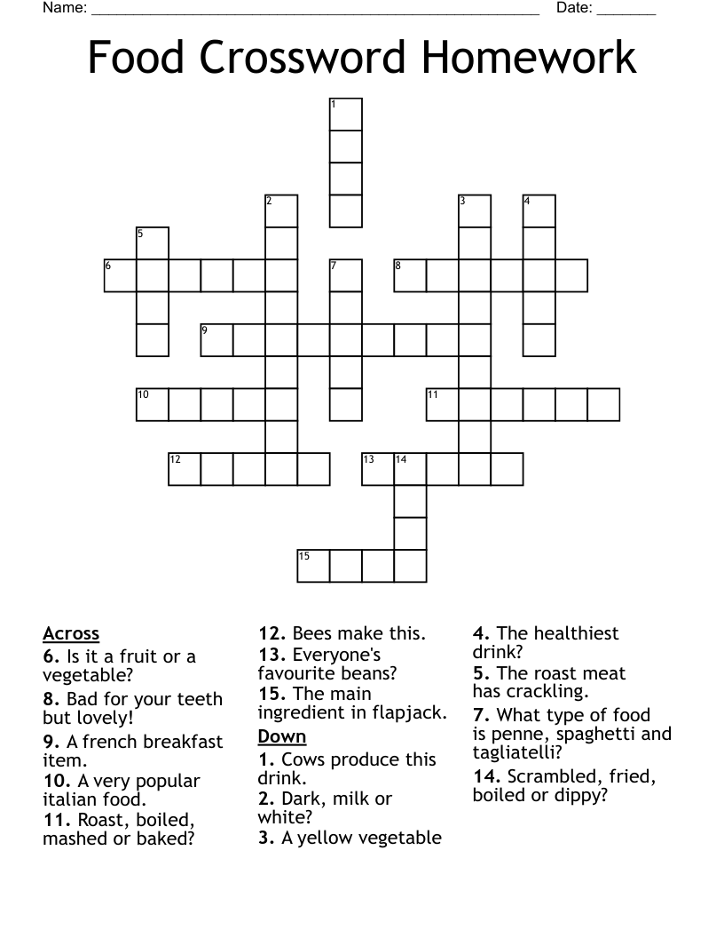 Food Crossword Homework WordMint