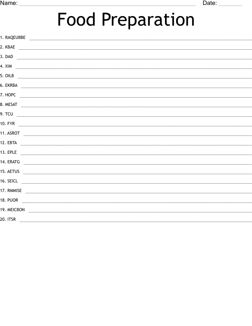 Food Preparation Word Scramble WordMint