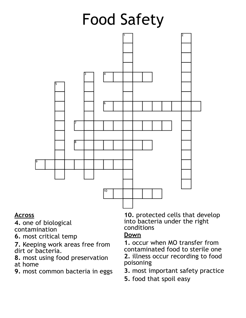 Food Safety Crossword WordMint