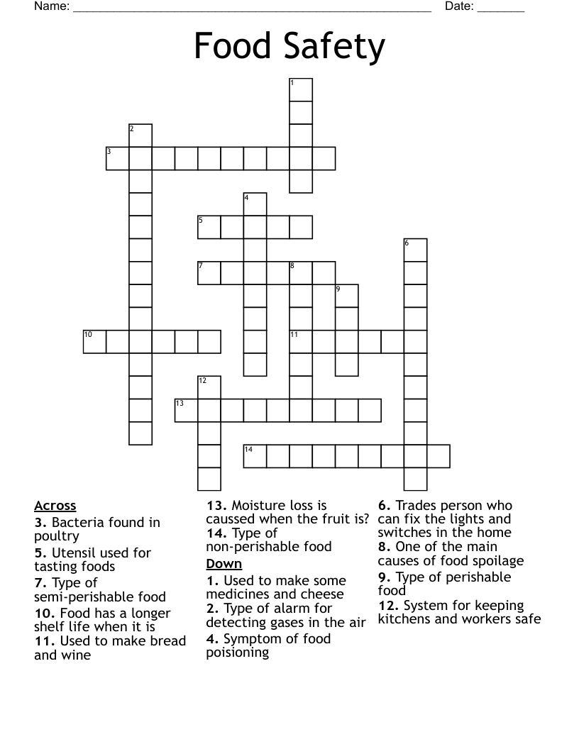 Food Safety Crossword WordMint