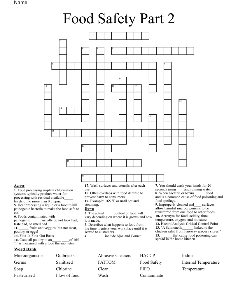 Food Safety Part 2 Crossword WordMint