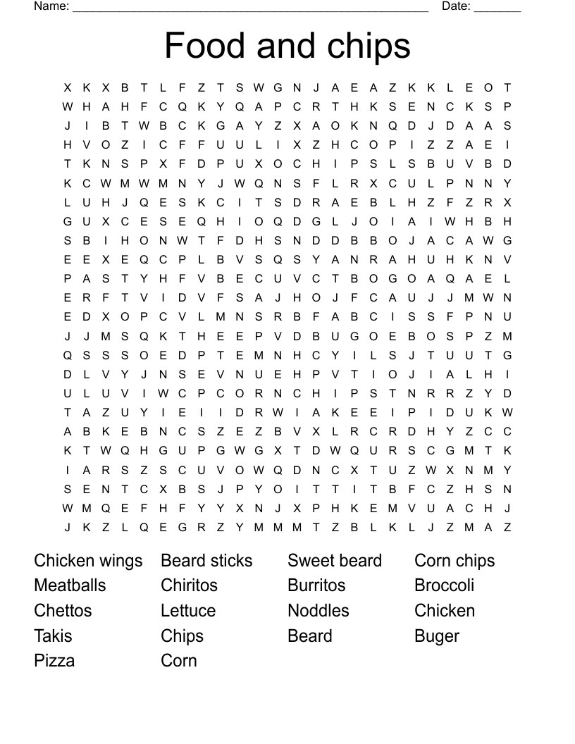 Food and chips Word Search WordMint