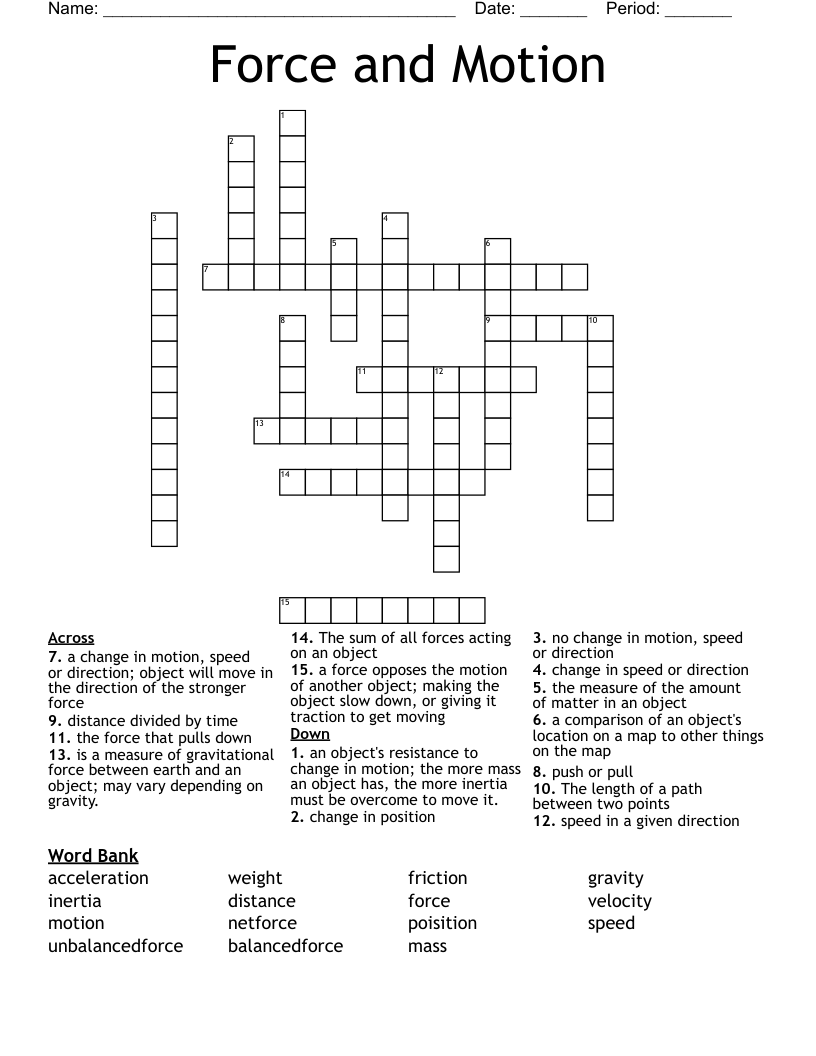 Force and Motion Crossword WordMint