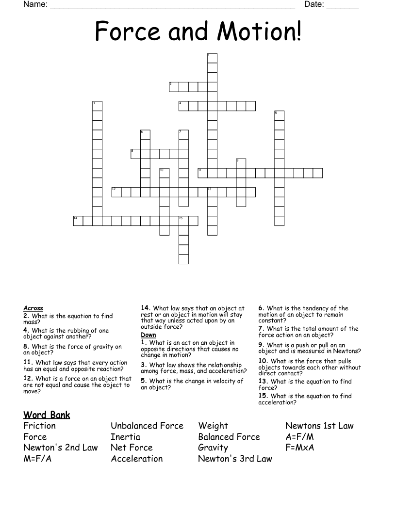 Force and Motion! Crossword WordMint