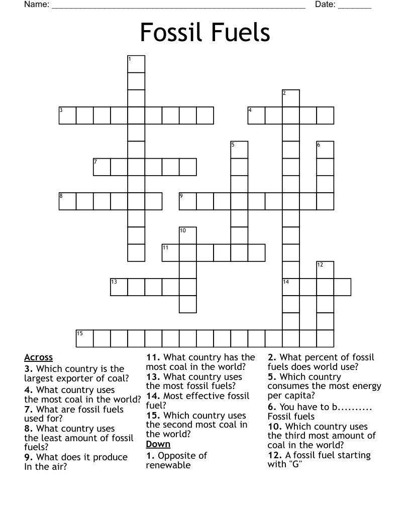 Fossil Fuels Crossword WordMint