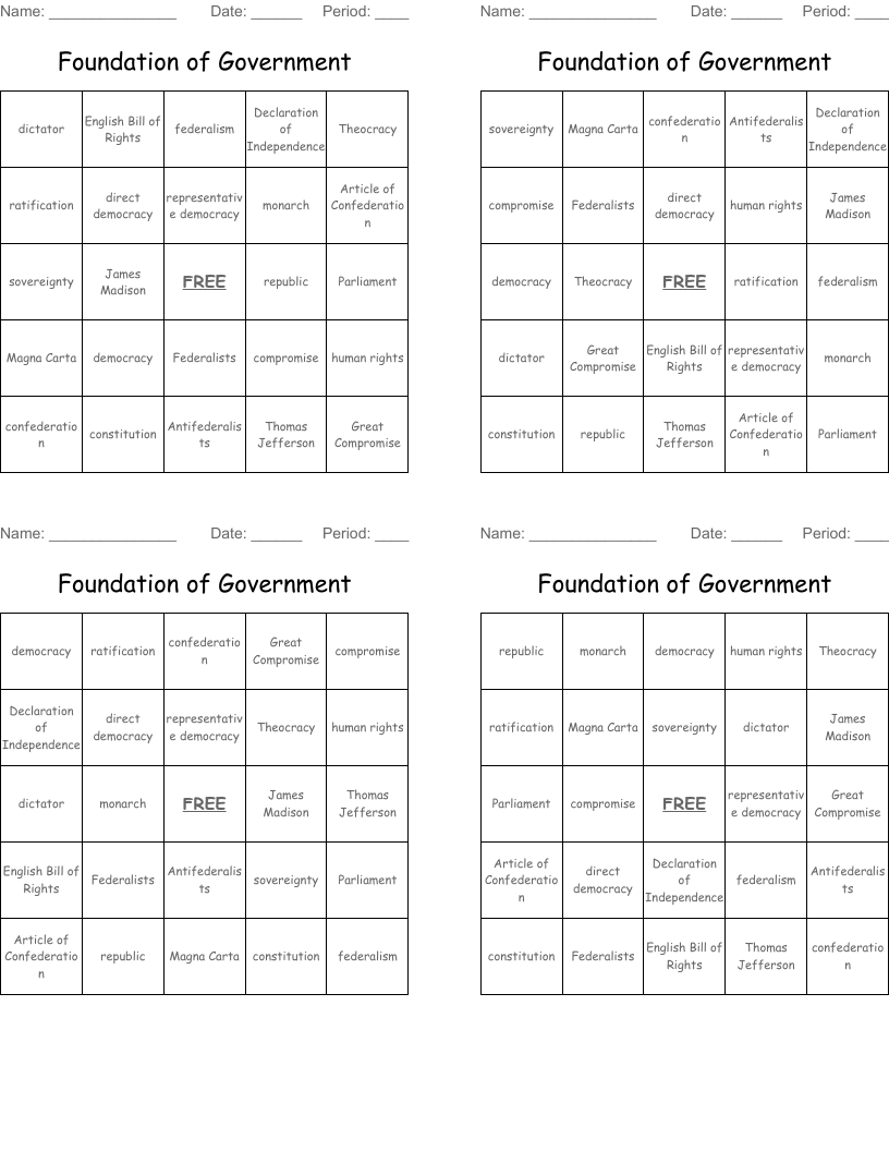 U.S. Government Chapter 1 Bingo Cards WordMint