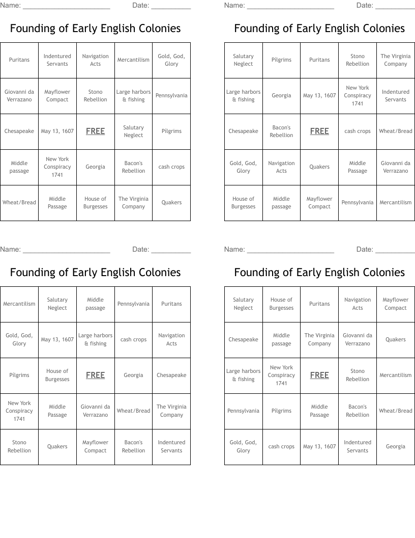 Founding of Early English Colonies Bingo Cards WordMint