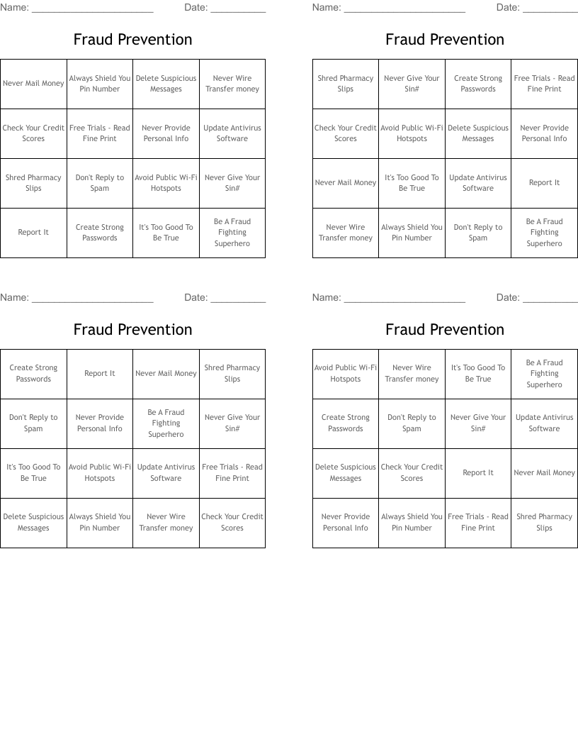 Fraud Prevention Bingo Cards WordMint