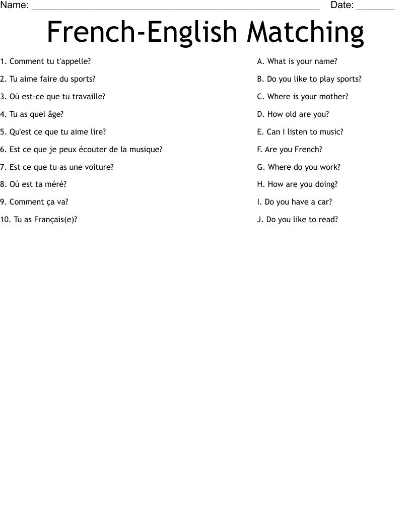FrenchEnglish Matching Worksheet WordMint
