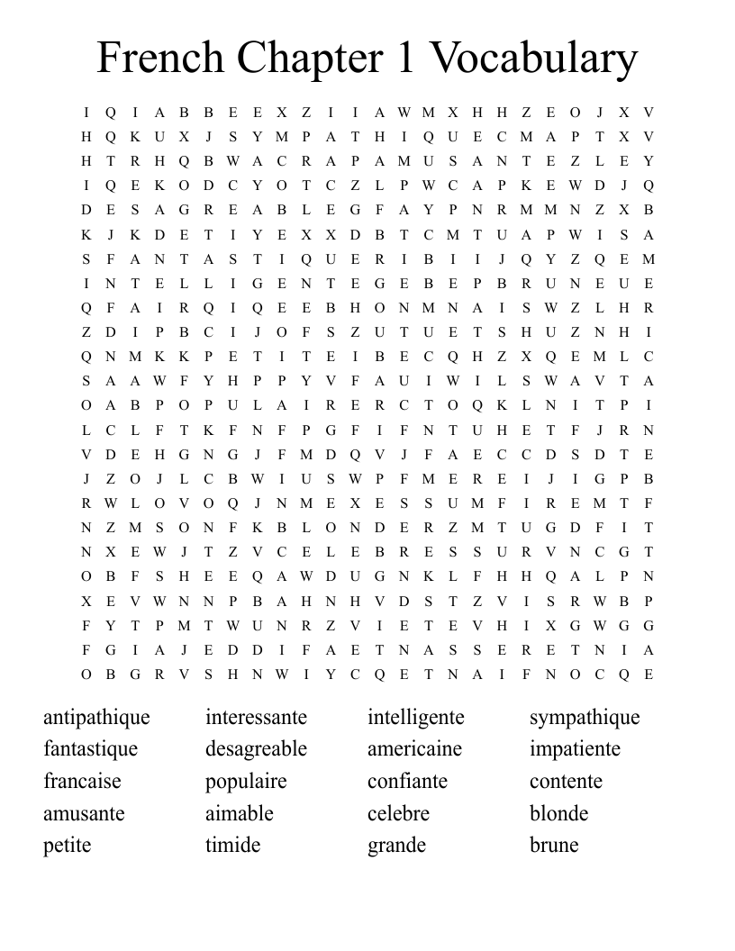 French Chapter 1 Vocabulary Word Search WordMint
