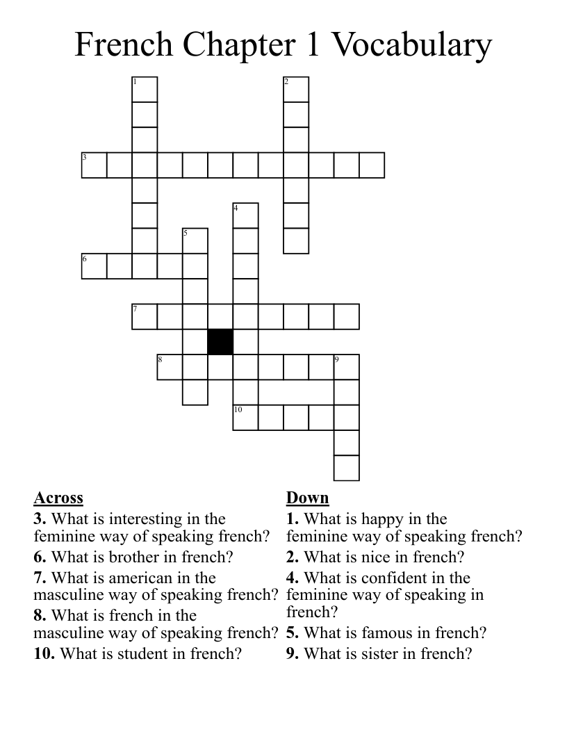 French Chapter 1 Vocabulary Crossword WordMint