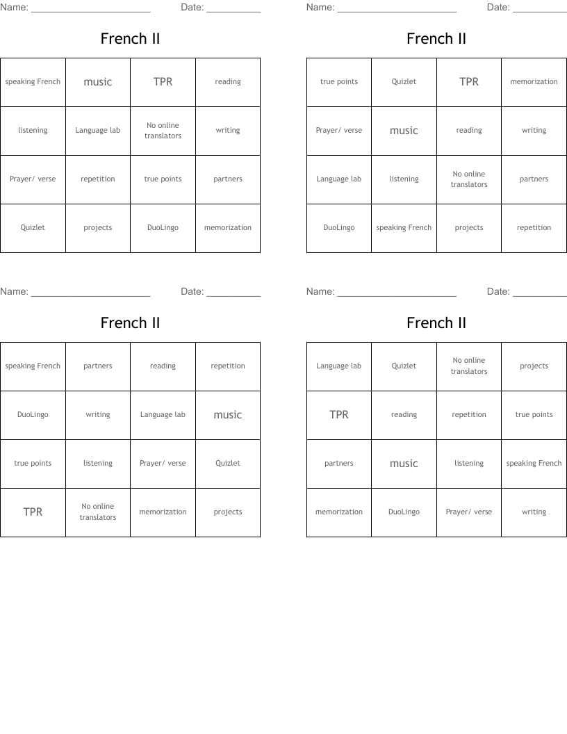 French II Bingo Cards WordMint