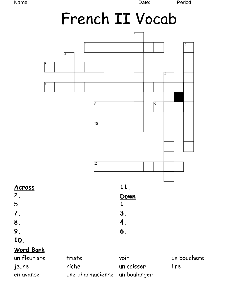 French II Vocab Crossword WordMint
