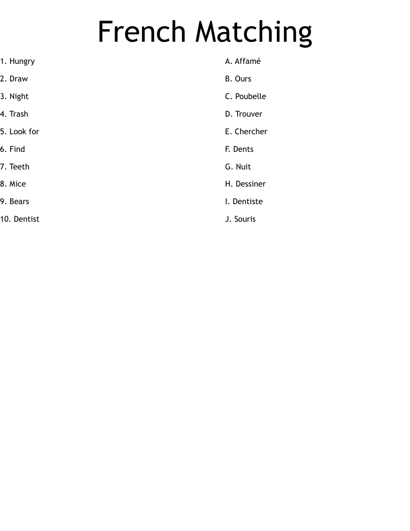 French Matching Worksheet WordMint