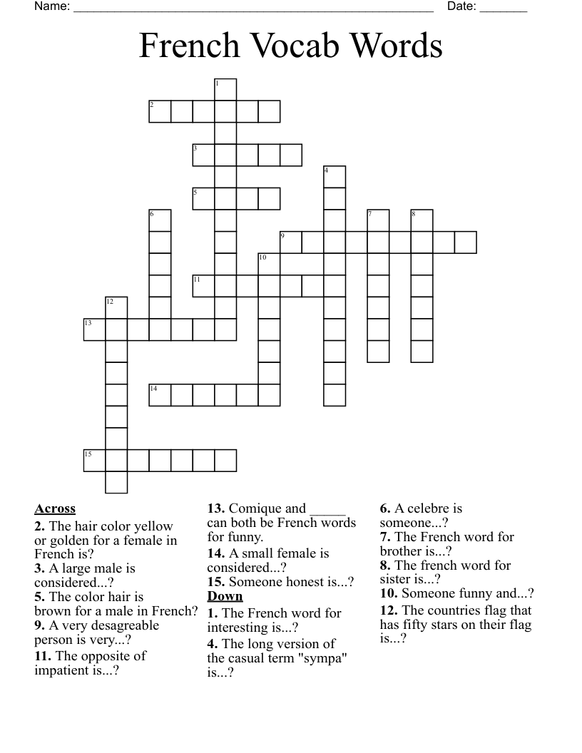 French Vocab Words Crossword WordMint