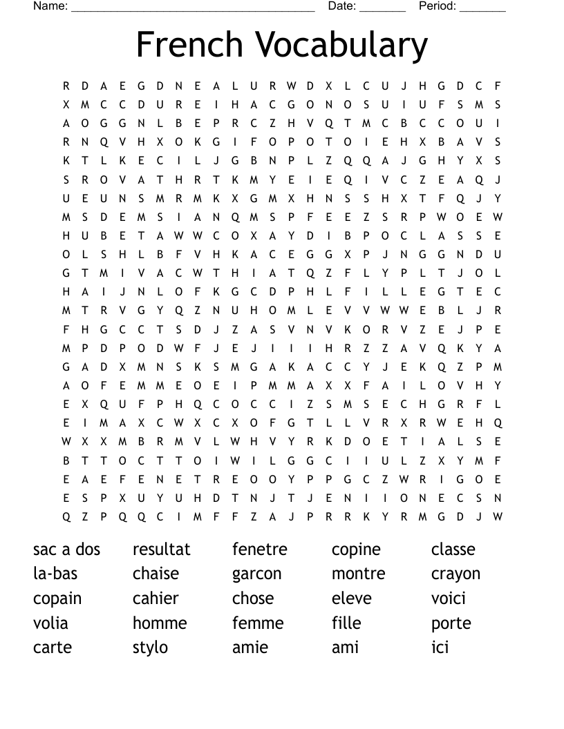 French classroom items Word Search WordMint