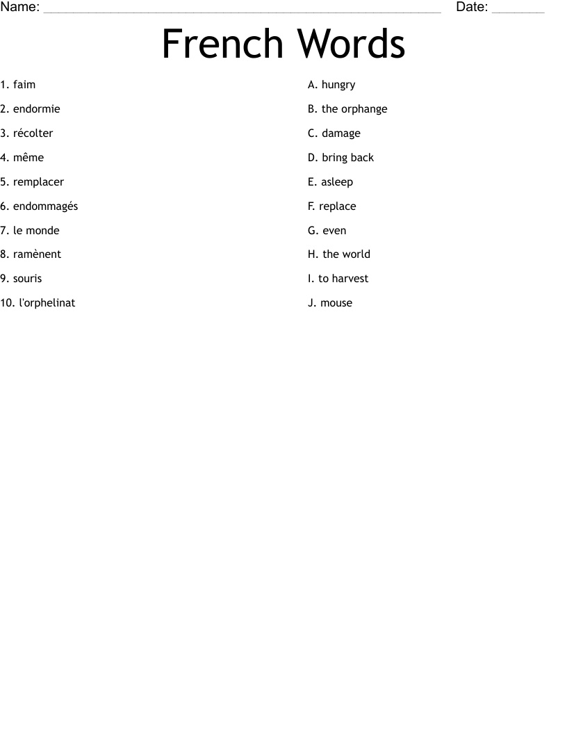 French Words Worksheet WordMint