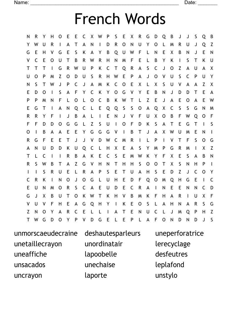 French Word Search Printable