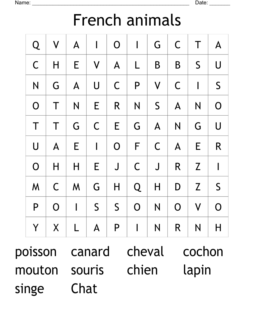 French animals Word Search WordMint