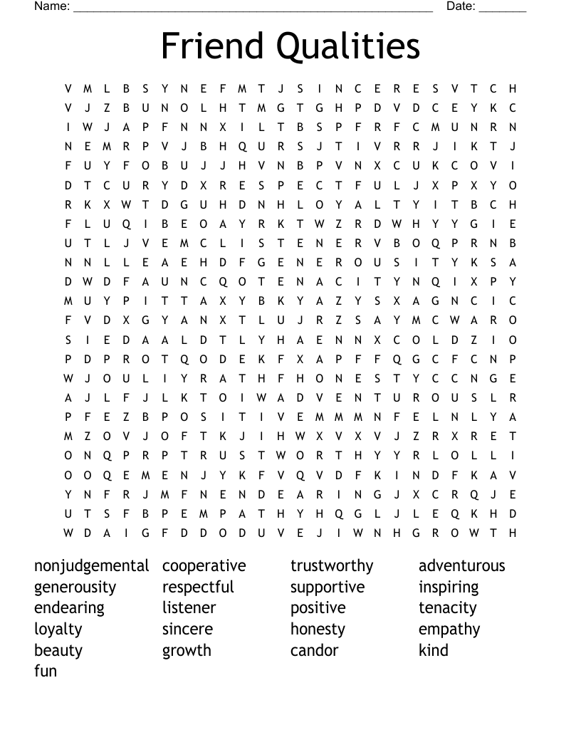 Friend Qualities Word Search WordMint