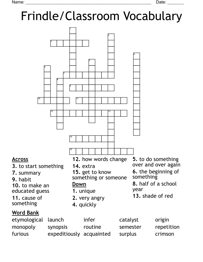 Frindle/Classroom Vocabulary Crossword WordMint