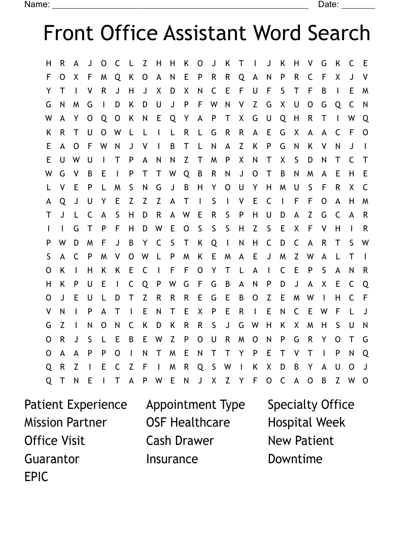 Front Office Assistant Word Search WordMint
