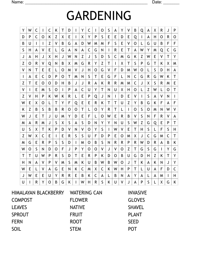 Gardening & Landscaping Crosswords, Word Searches, Bingo Cards WordMint