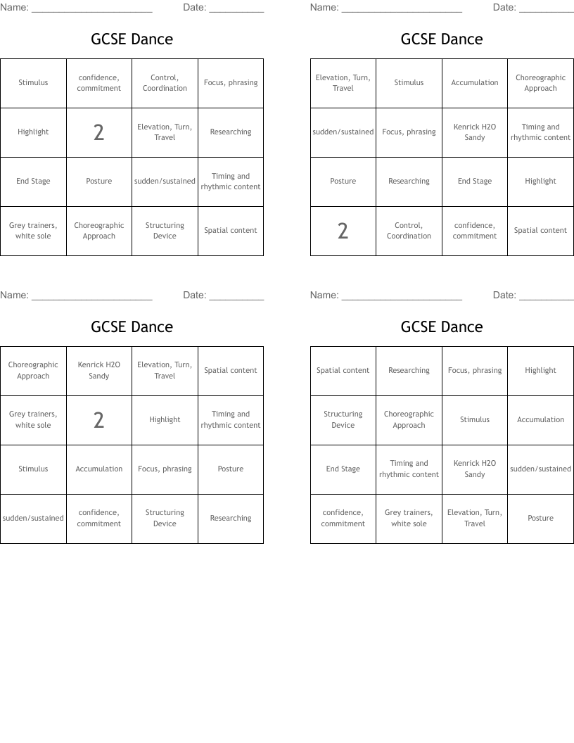 GCSE Dance Bingo Cards WordMint
