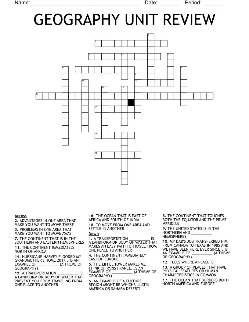 GEOGRAPHY UNIT REVIEW Crossword WordMint