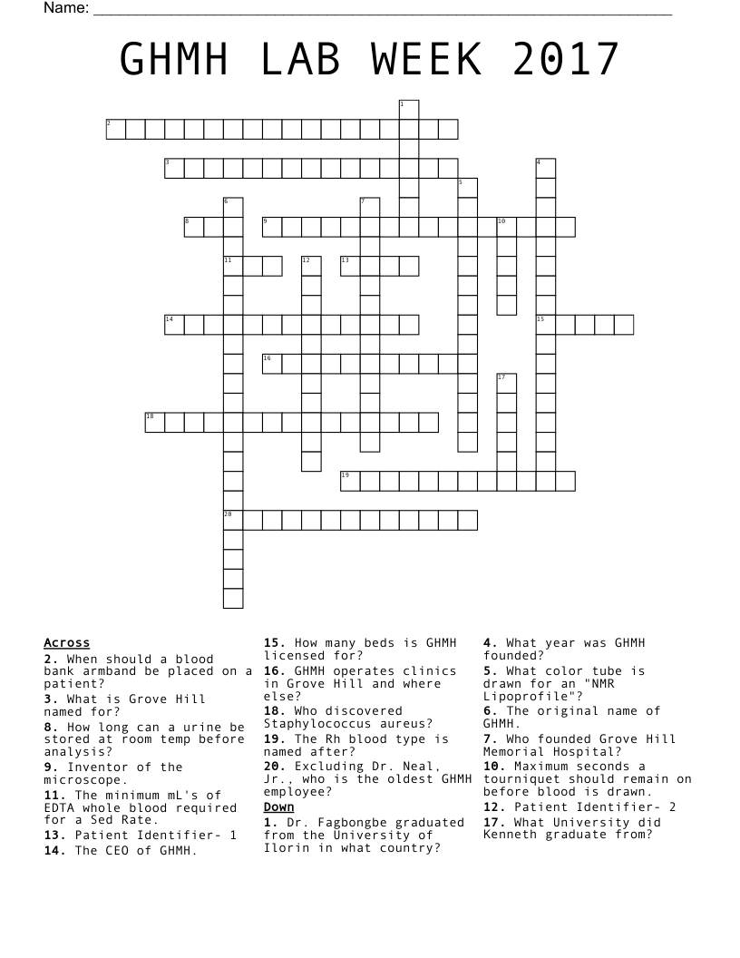 GHMH LAB WEEK 2017 Crossword WordMint