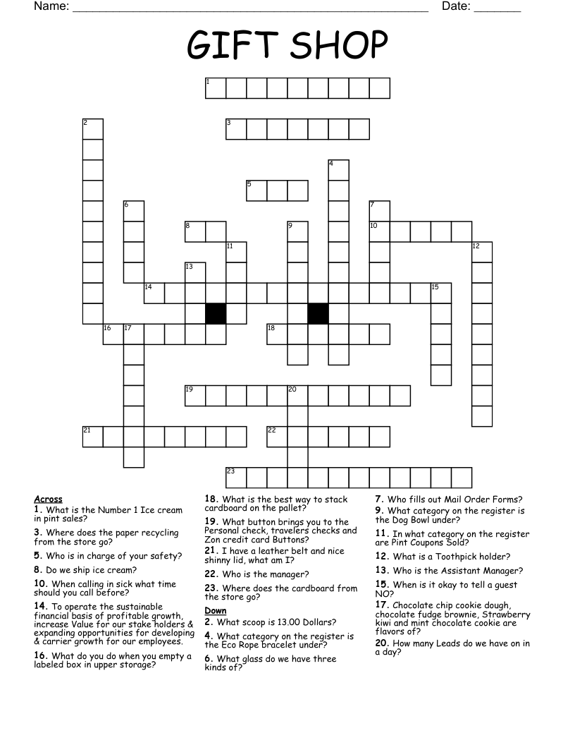 GIFT SHOP Crossword WordMint