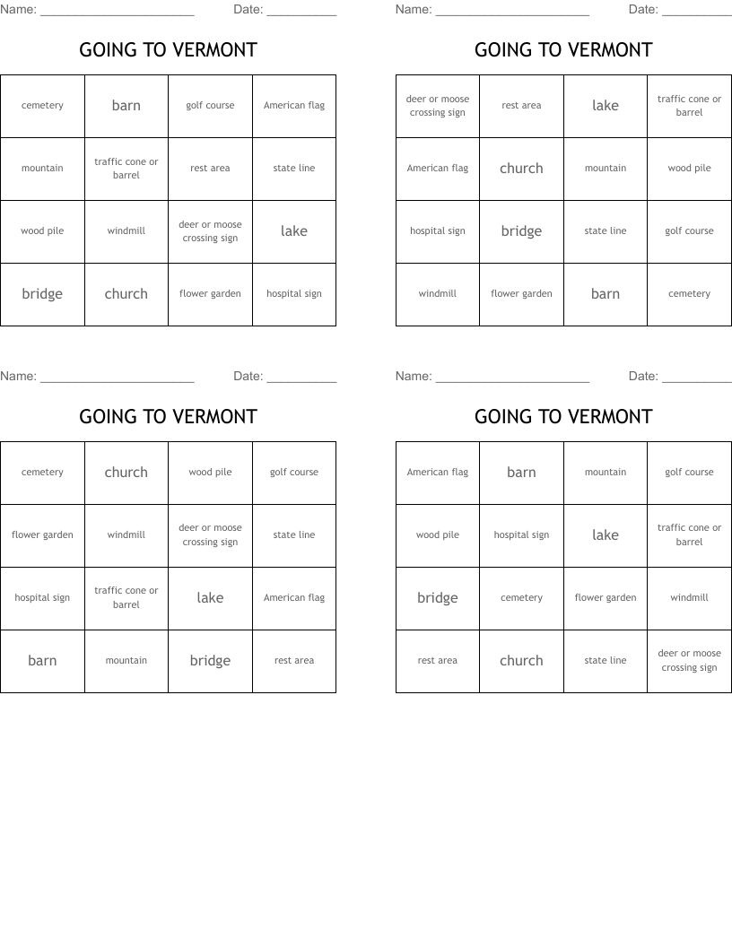GOING TO VERMONT Bingo Cards WordMint