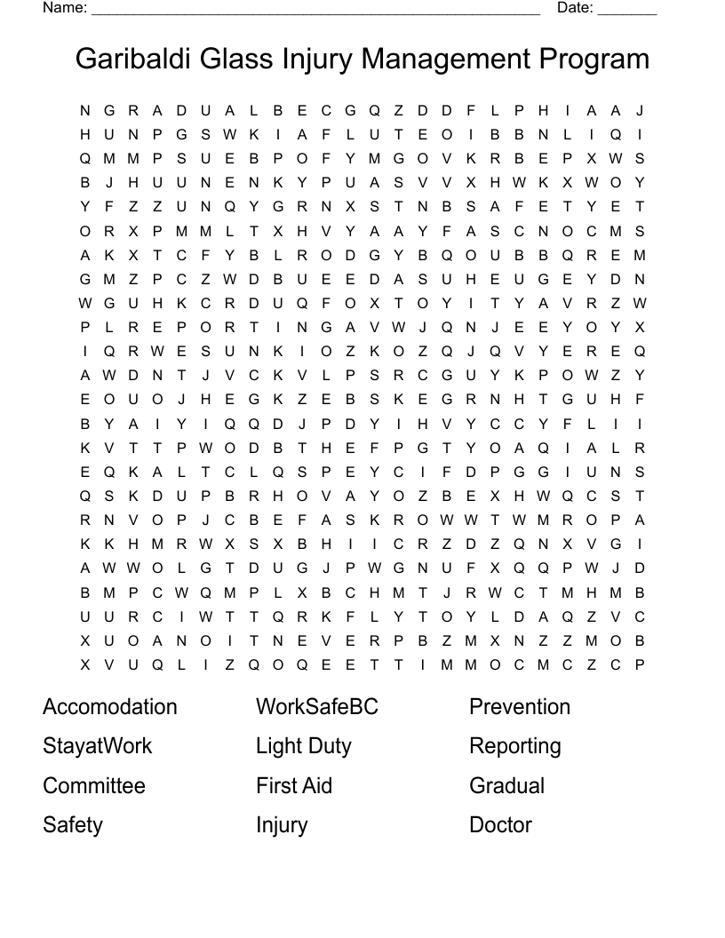 Garibaldi Glass Injury Management Program Word Search WordMint