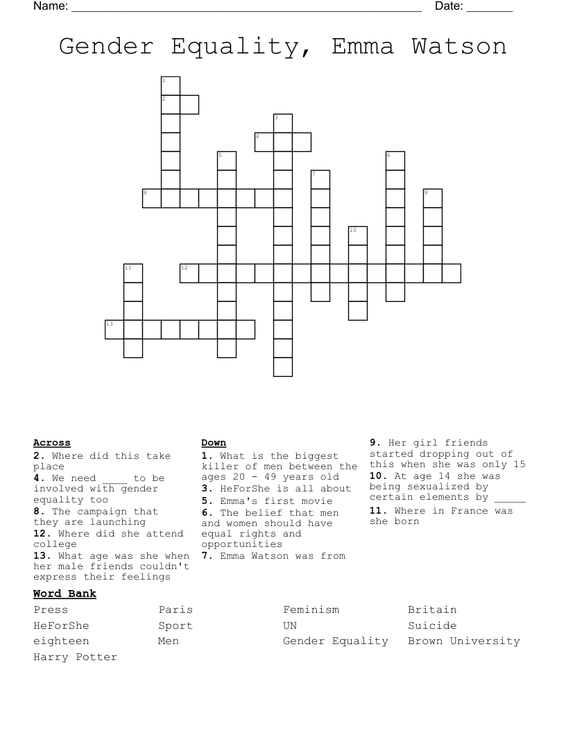 Gender Equality, Emma Watson Crossword WordMint
