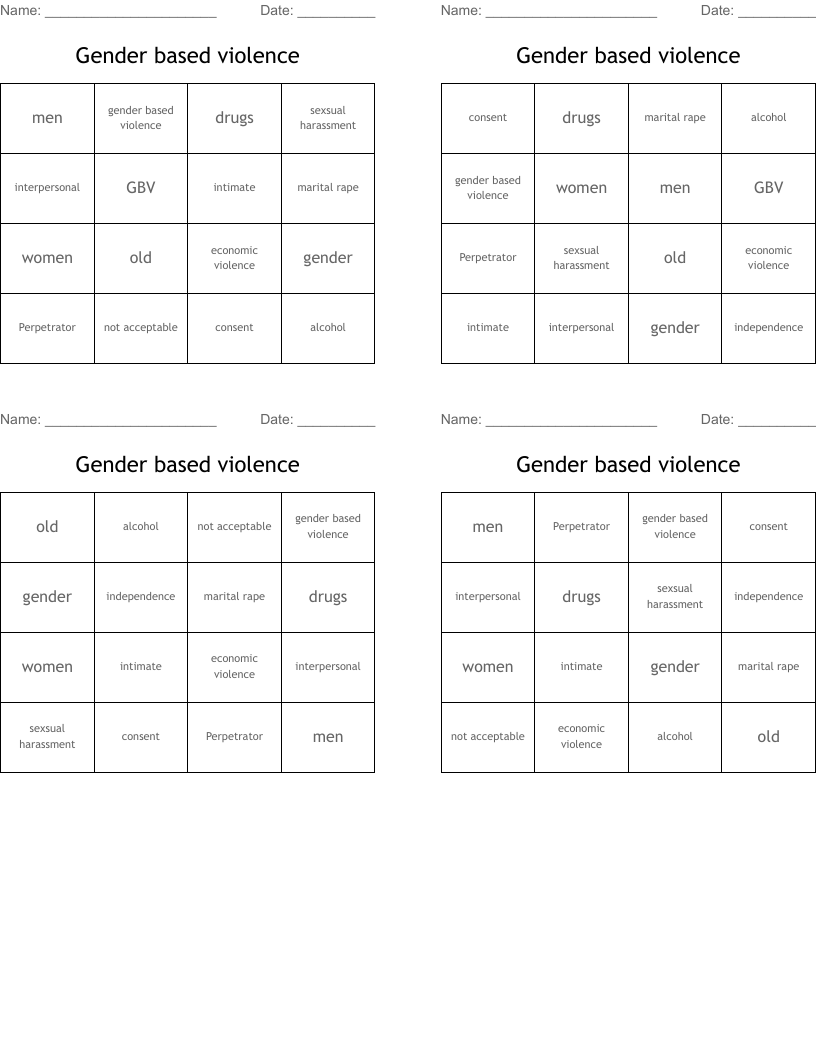 Gender based violence Bingo Cards WordMint