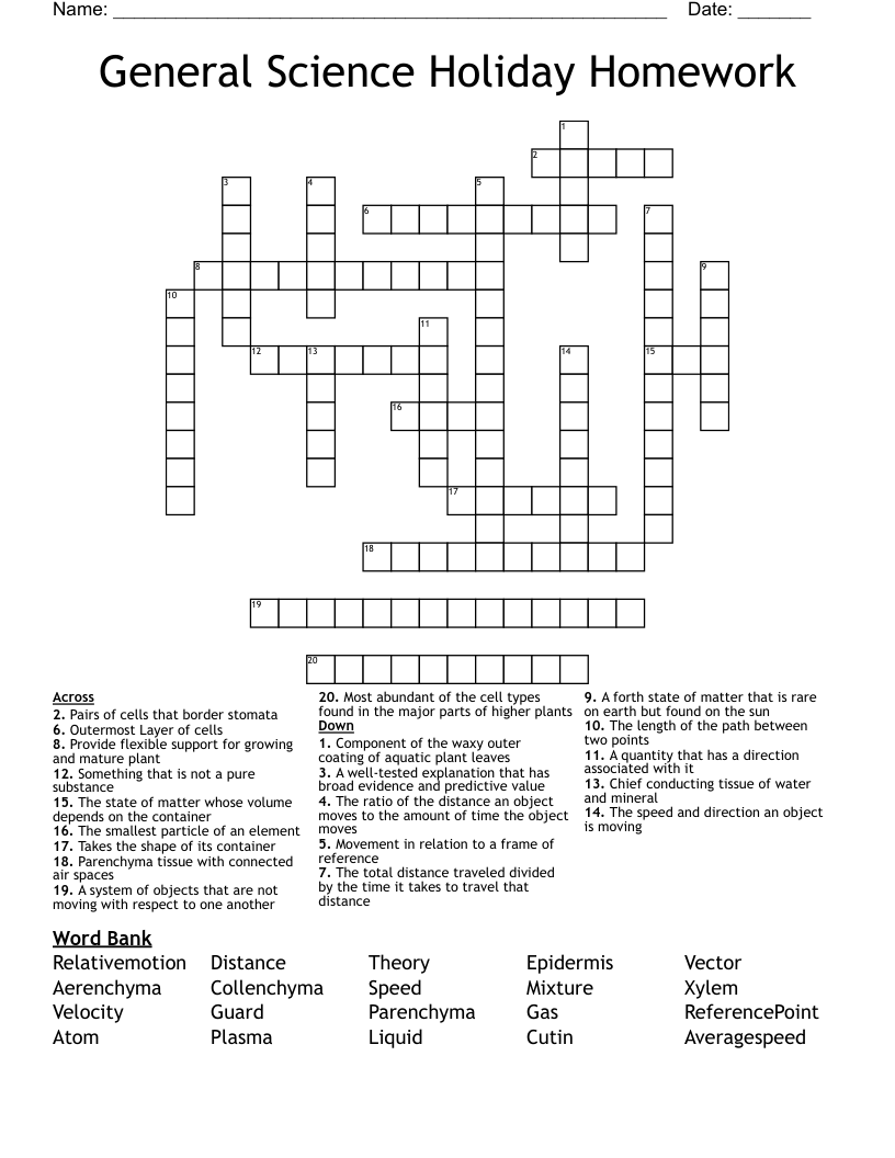 General Science Holiday Homework Crossword WordMint