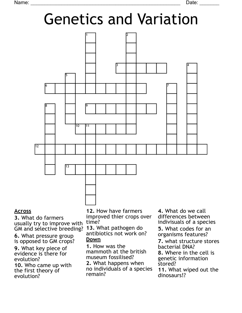 Genetics And Variation Crossword - Wordmint